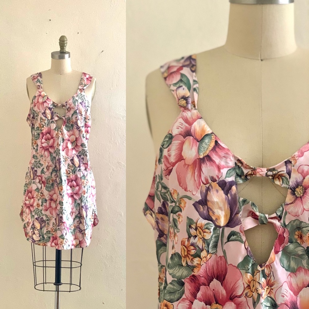 Vintage 80’s pink floral slip dress | chemise | night gown